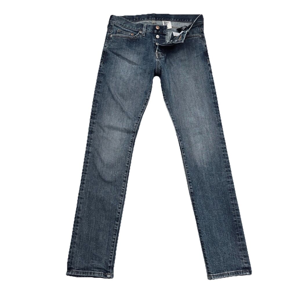 H&M Slim Low Waist Button Fly Jeans Mens 30x32 Measures 30x30.5 Blue Stretch